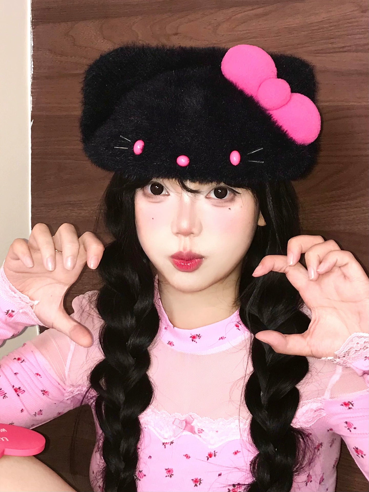 Black Pink Hello Kitty Plush Hat