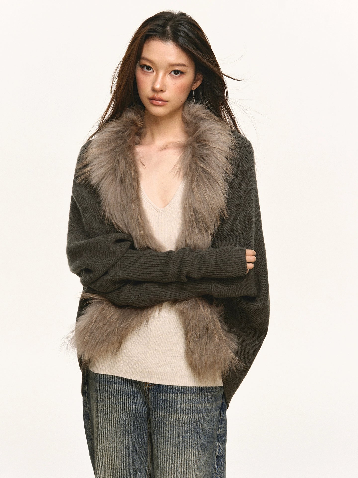 Woolen collar spliced sweater cardigan