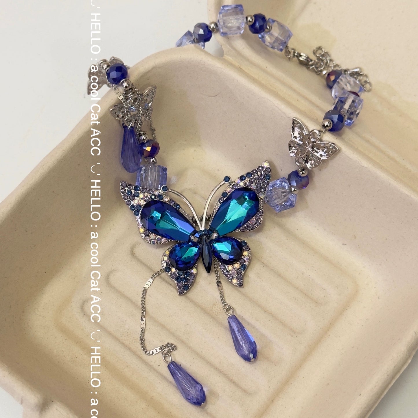 Y2K Blue Purple Sparkling Zircon Butterfly Necklace