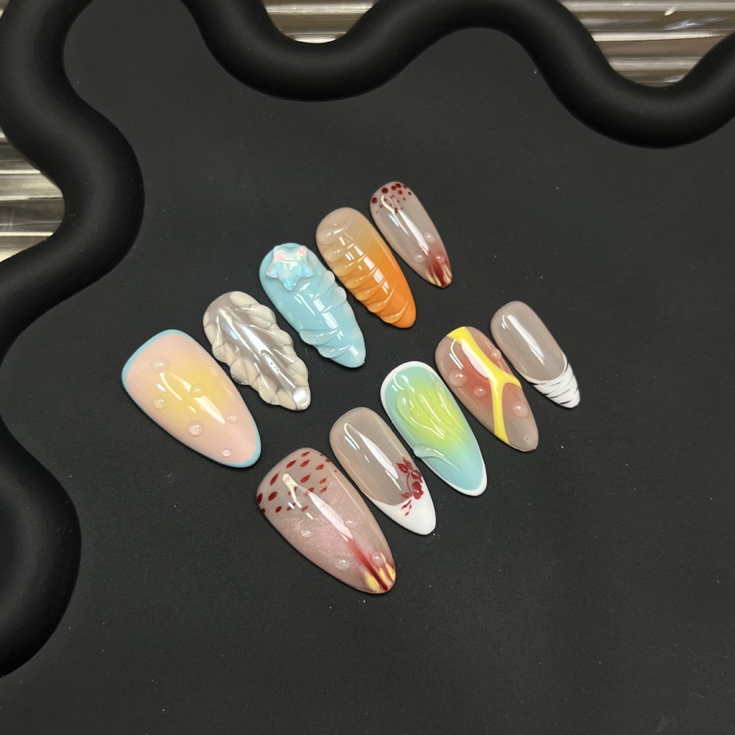 Three dimensional carved French nail art almond shaped handmade nail tip