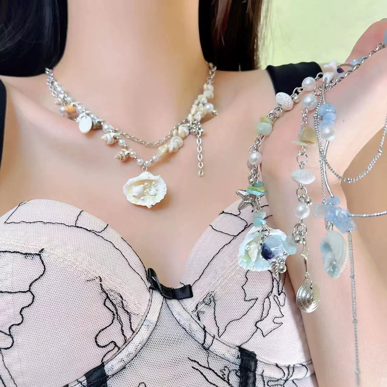 Coastal shell necklace earrings