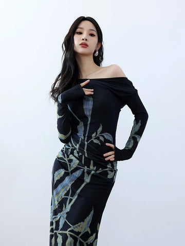 Printed diagonal shoulder mesh dress