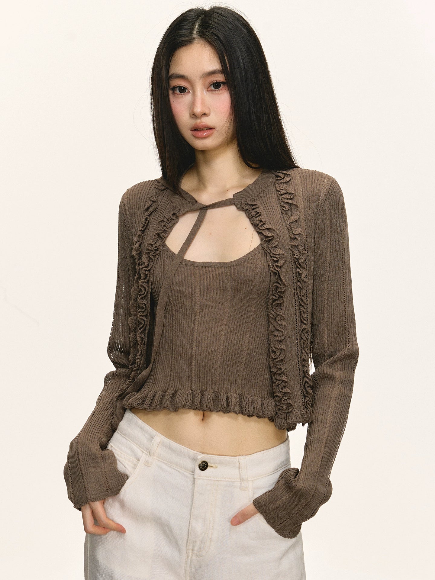 Short cami cardigan two-piece set