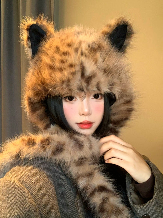 Cute leopard print fox ears plush hat scarf in one