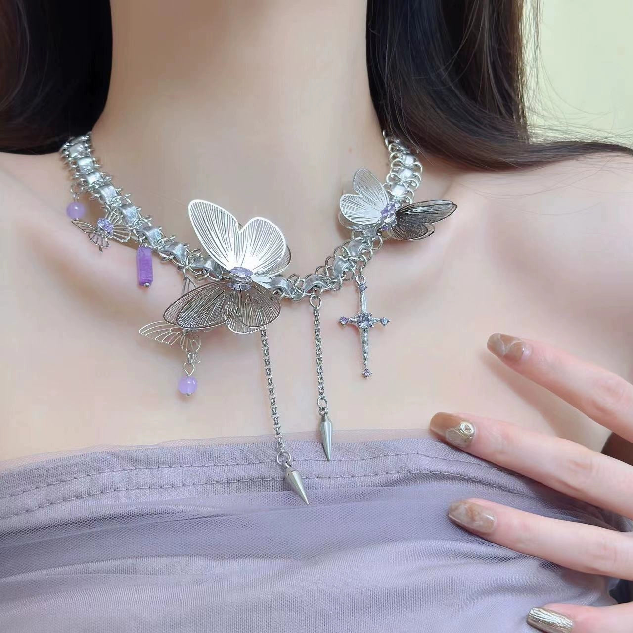 Exquisite Purple Diamond Hollow Cross Butterfly Necklace Ring