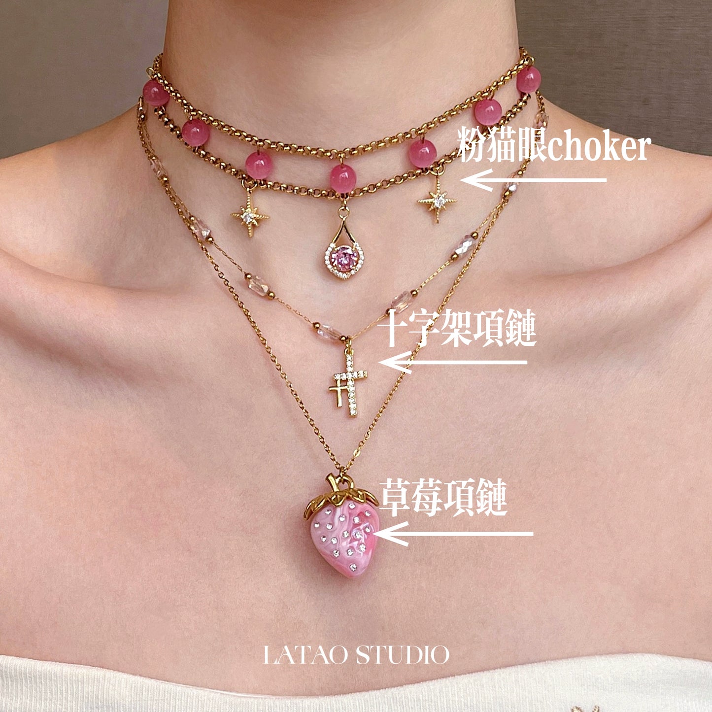 Pink Cat Eye Cross Strawberry Titanium Steel Necklace