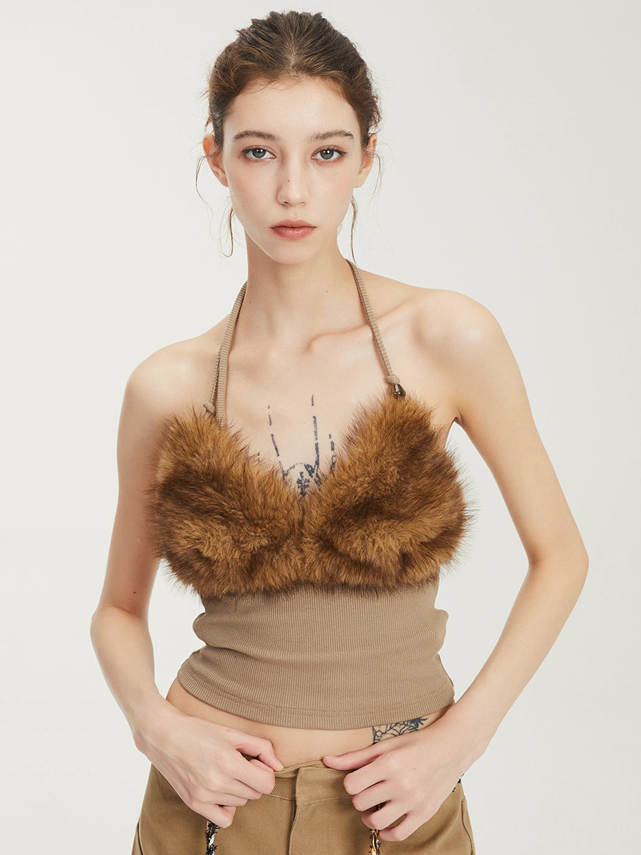 Grey Splicing faux fur cami