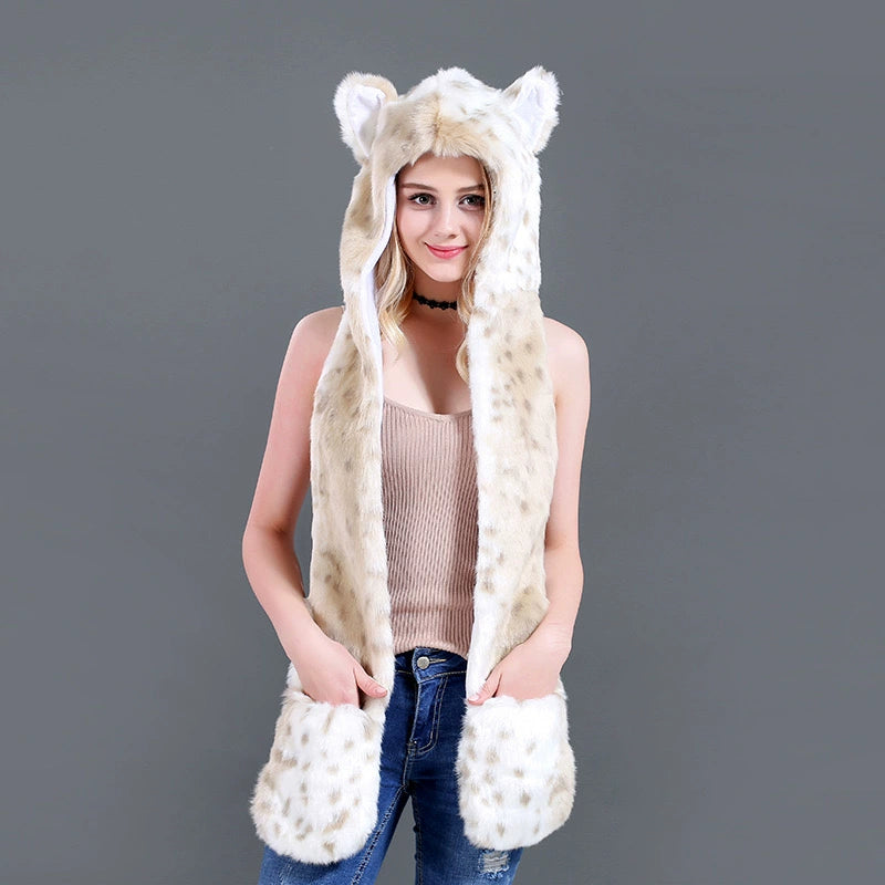 Plush hat faux fur scarf, gloves in one