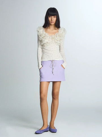 Wave dot fungus lace elastic low neck long sleeved base T-shirt