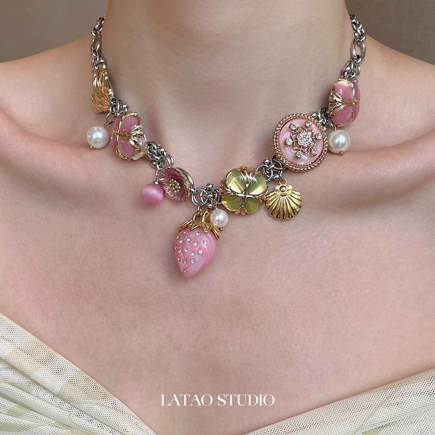 JUICY Pink Strawberry Flower Sea Pearl Colored Titanium Steel Necklace