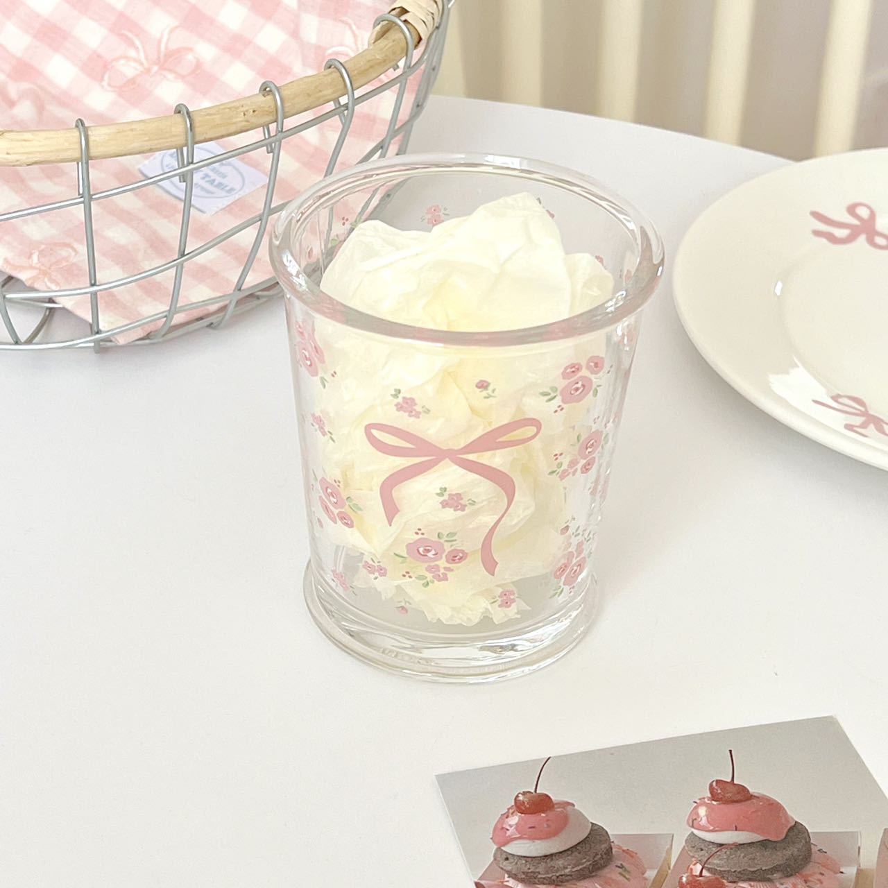 Cute bow floral glass cup