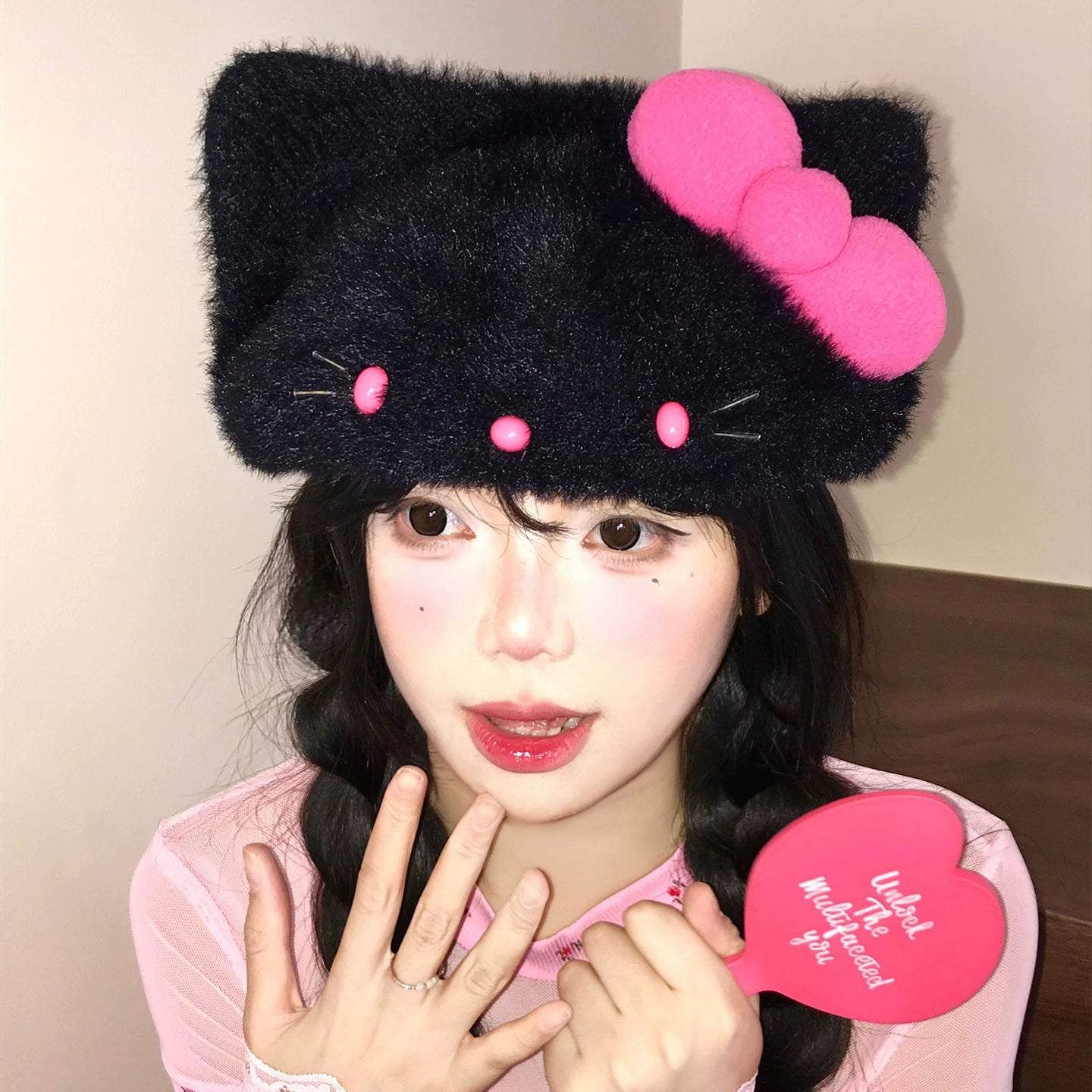 Black Pink Hello Kitty Plush Hat