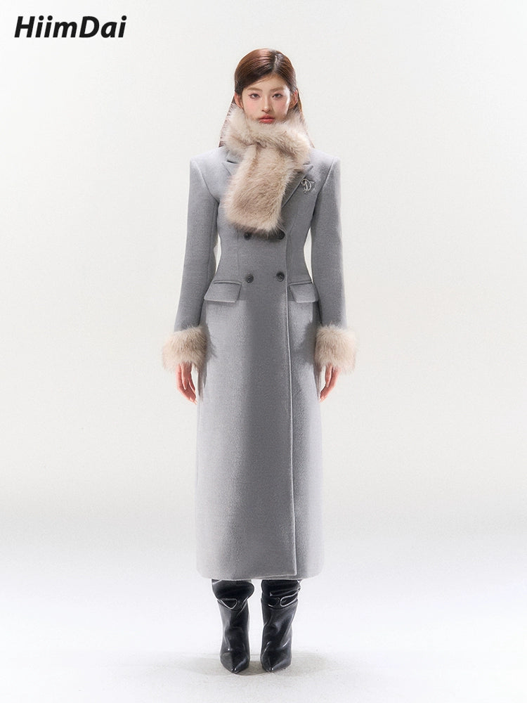 Sliver Grey Silhouette Overcoat With Scarf