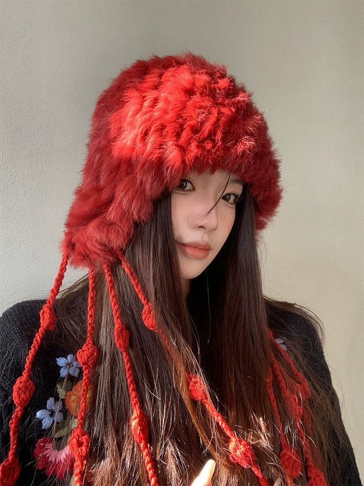 Red rabbit fur knitted plush hat