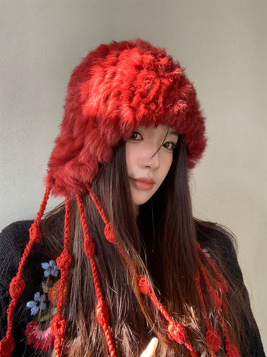 Red rabbit fur knitted plush hat