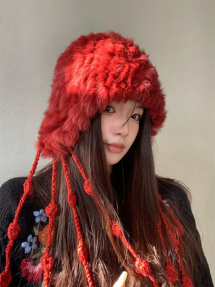 Red rabbit fur knitted plush hat