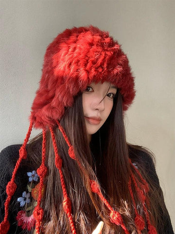 Red rabbit fur knitted plush hat