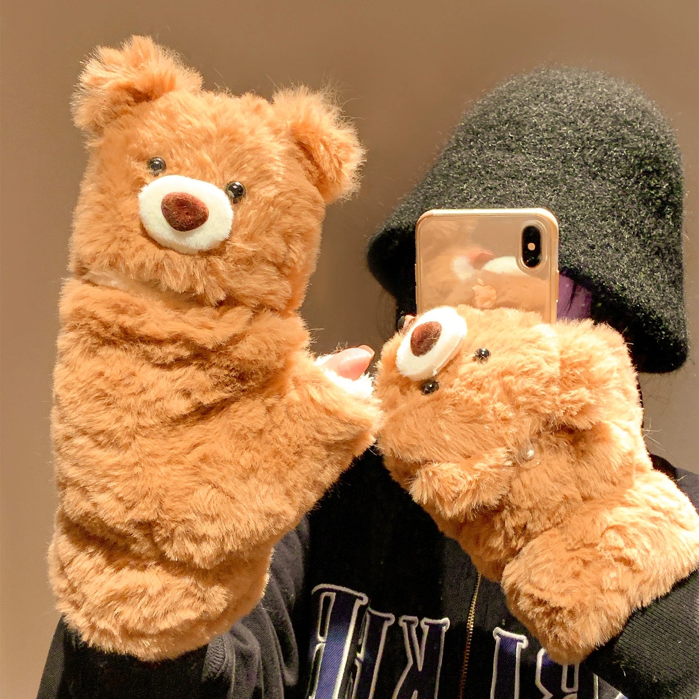 Cute teddy bear flip half finger plush gloves