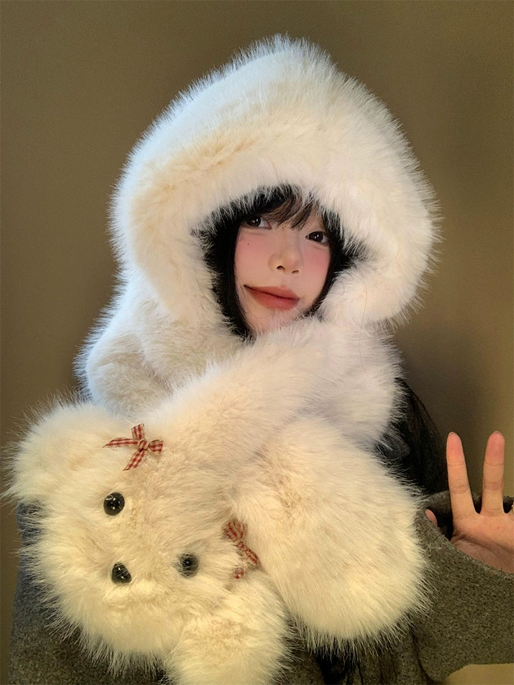 Cute bow dog plush hat scarf in one