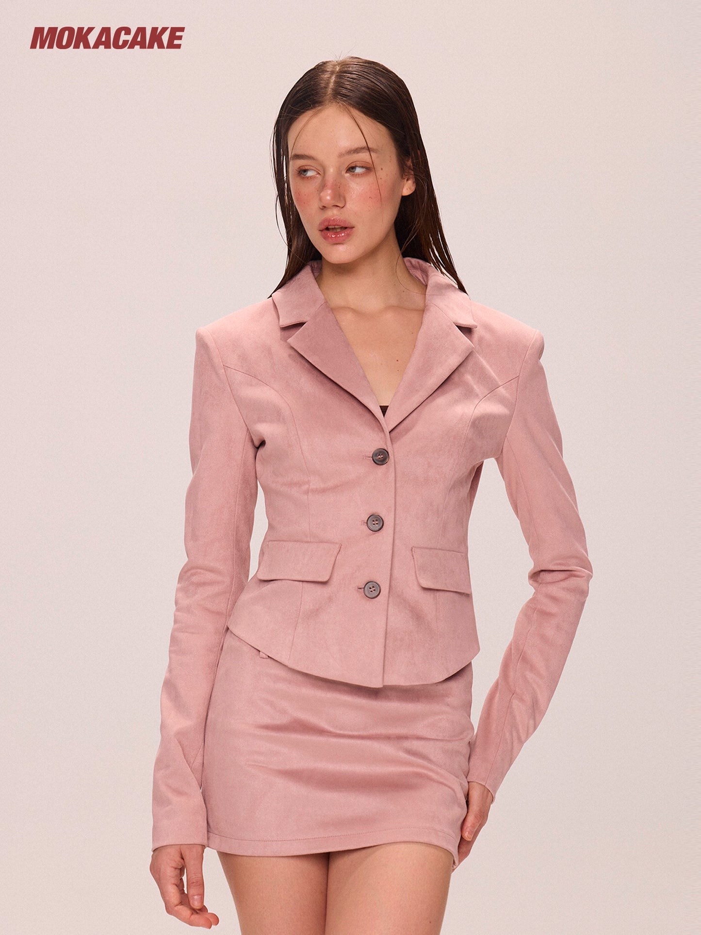 Pink suede suit jacket kirt set