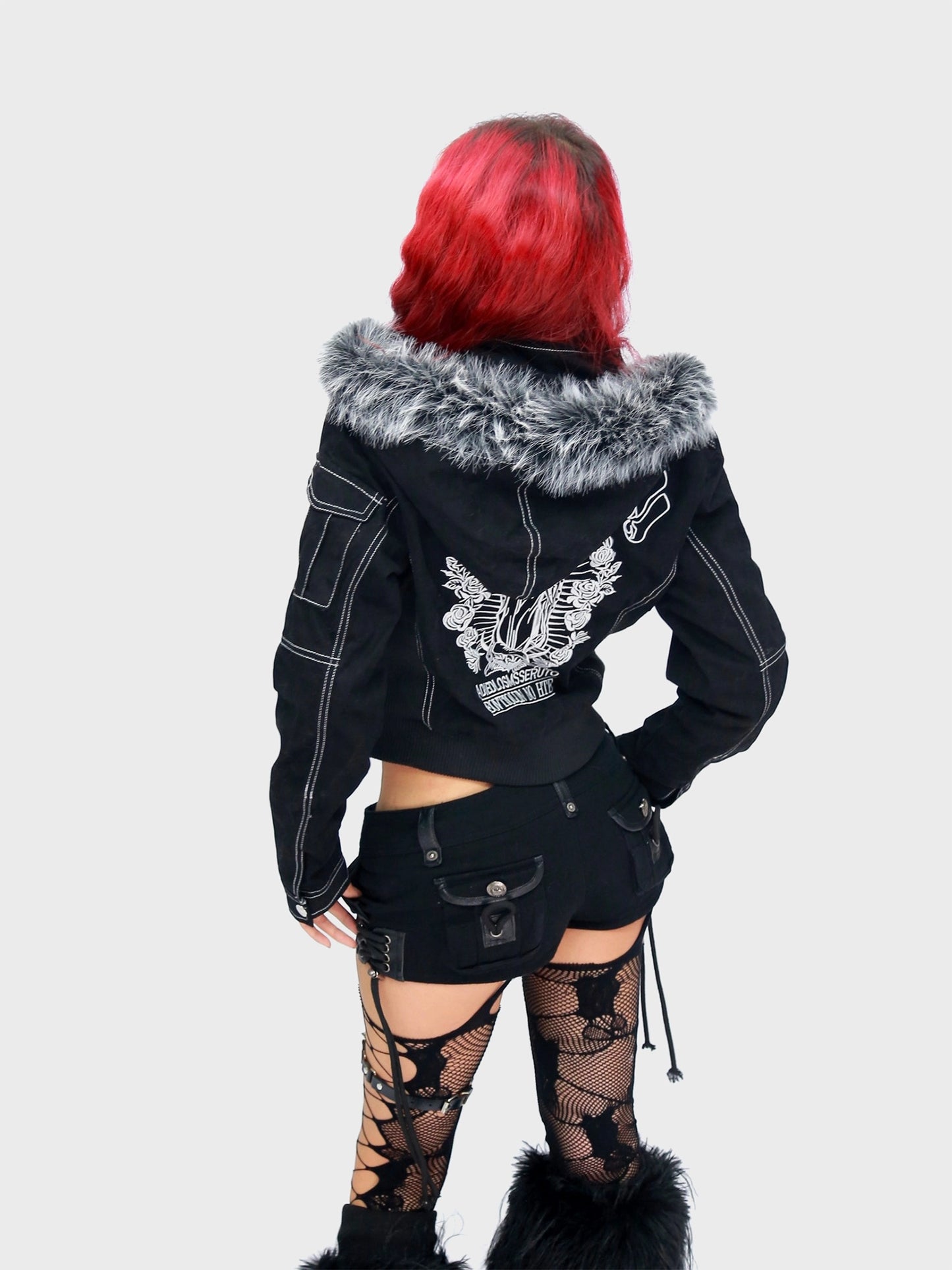 Crow feather prohibited embroidered fur collar detachable jacket
