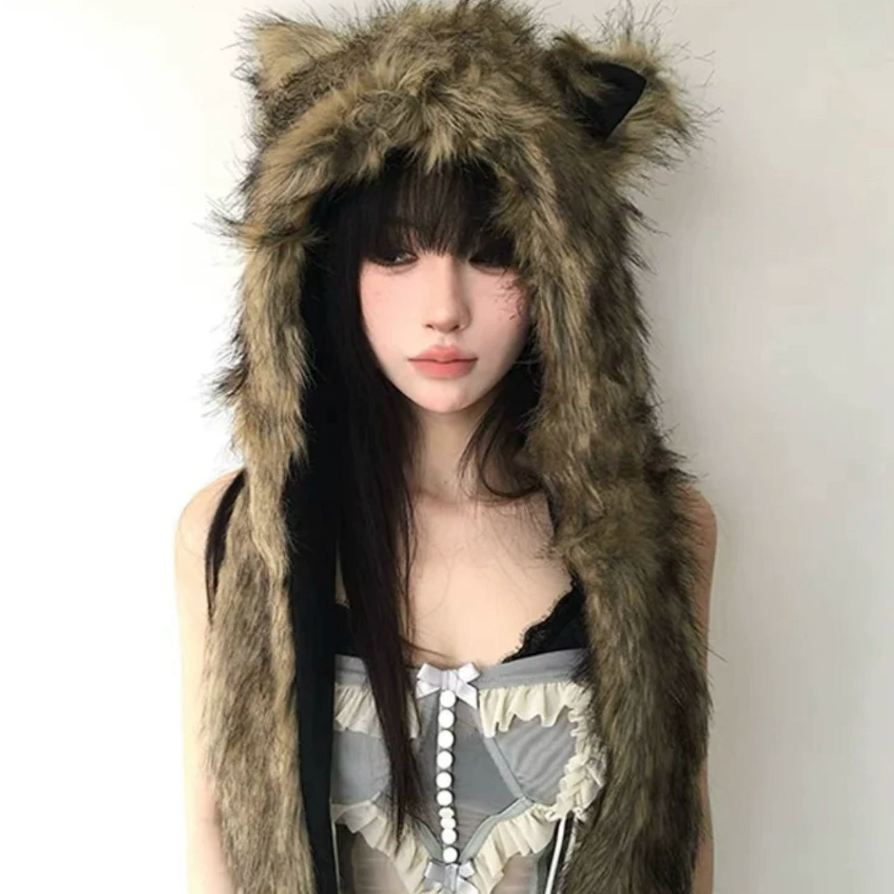 Plush hat faux fur scarf, gloves in one