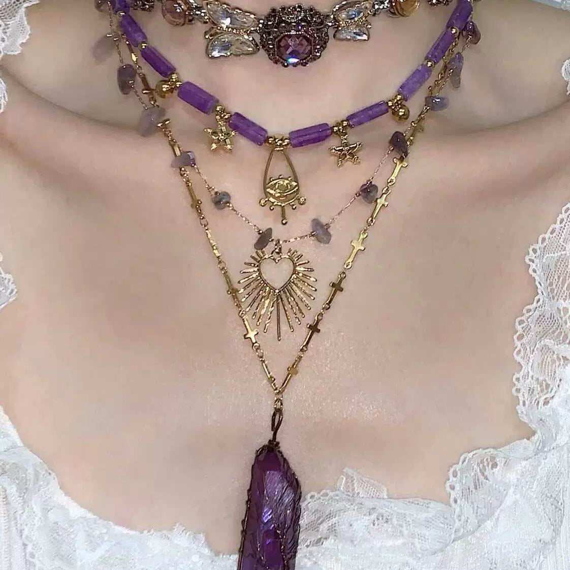 Purple Spirit Crystal Natural Stone Love Titanium Steel Necklace Stacked