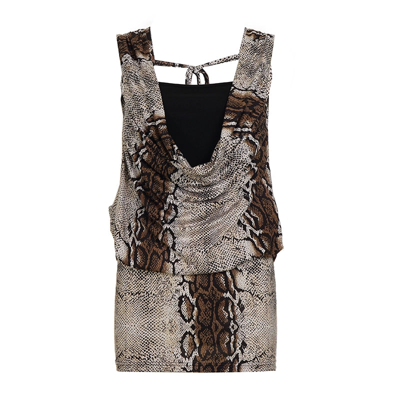 Leopard print patchwork swing neck vest dress