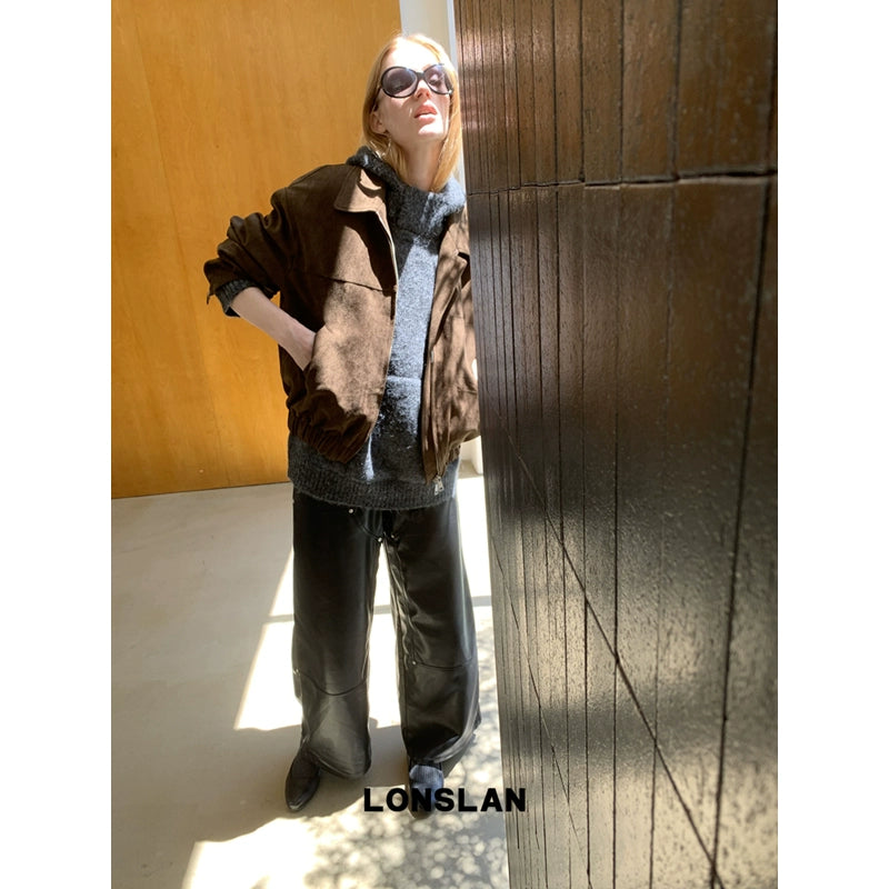 Flip collar zipper suede short jacket