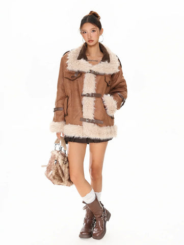 Woolen collar spliced cotton jacket