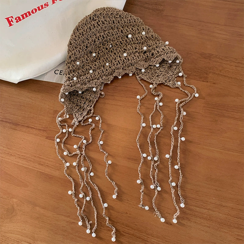 Hollow pearl tassel pendant headband cap