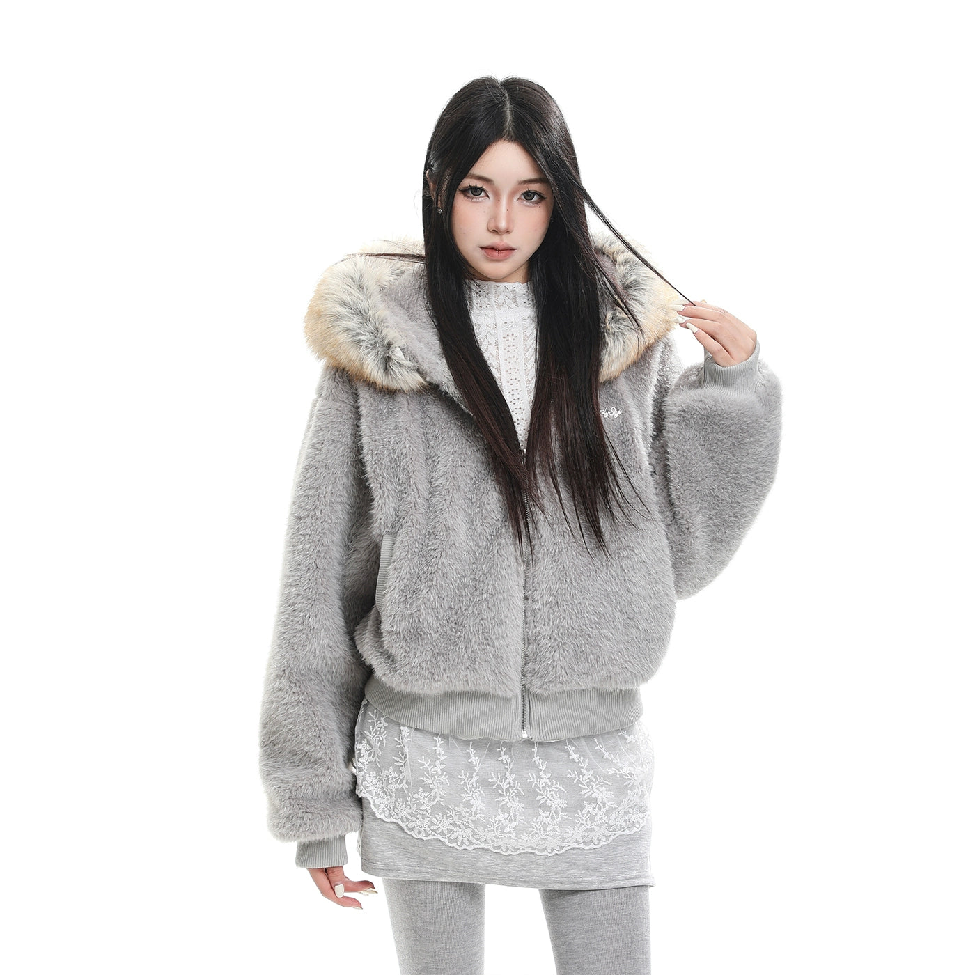 Detachable fur collar hooded cotton jacket