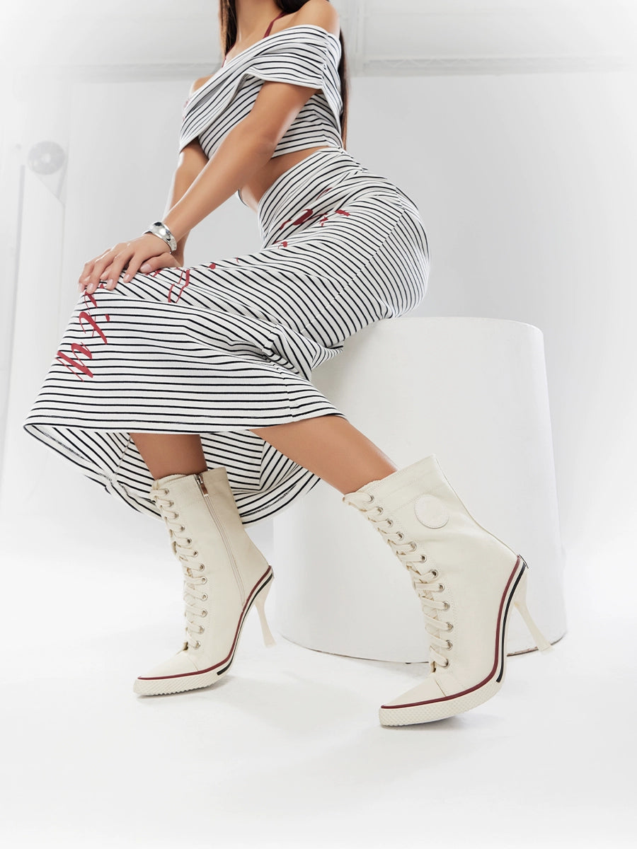 Sports style leather label canvas lace up high heels