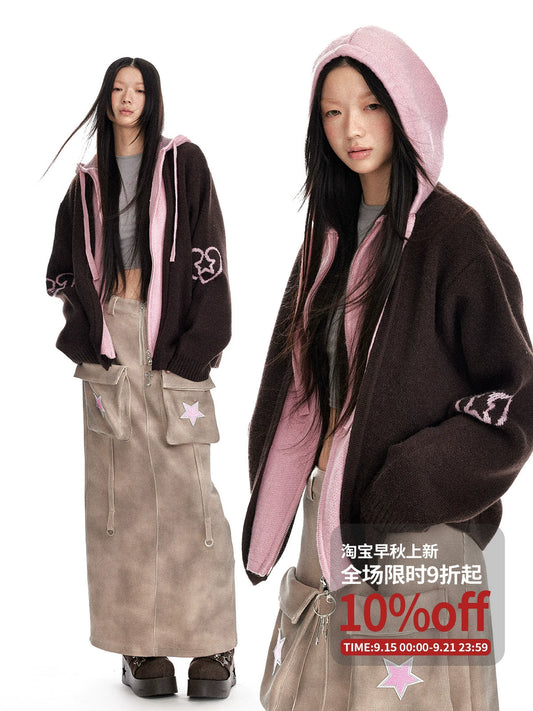 Color blocked fake two-piece hooded cardigan jacquard zipper knitted cardigan
