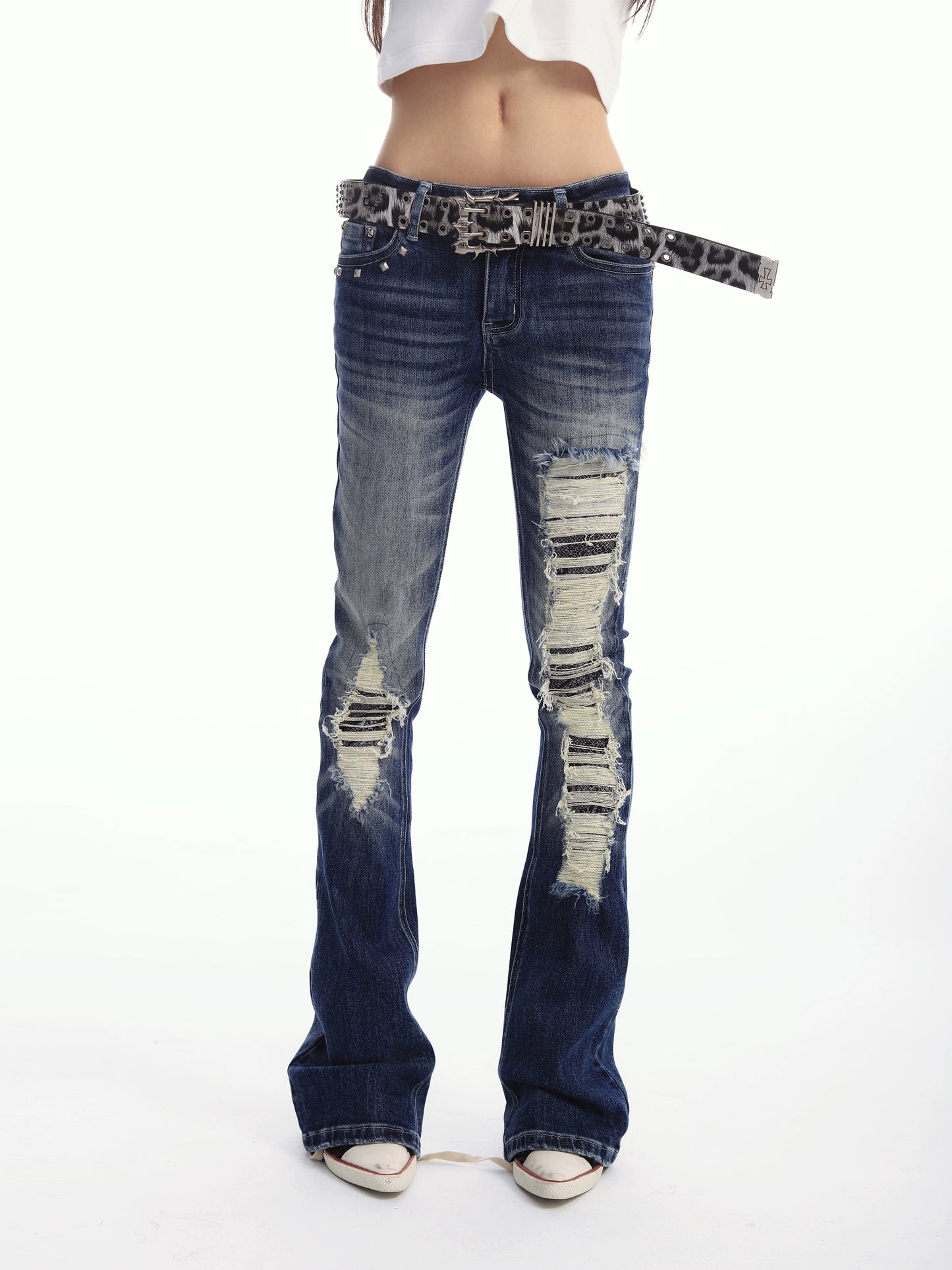 Blue washed distressed patterned tight flared pants