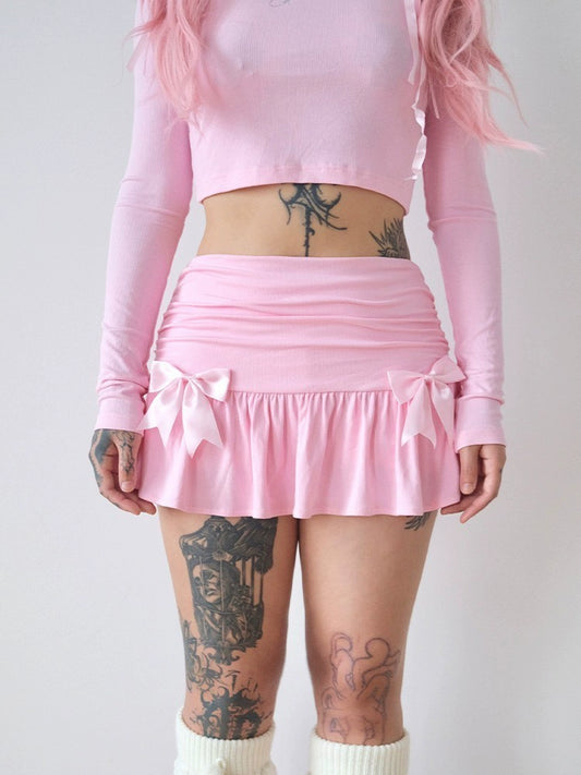 Pink bow knitted pleated skirt