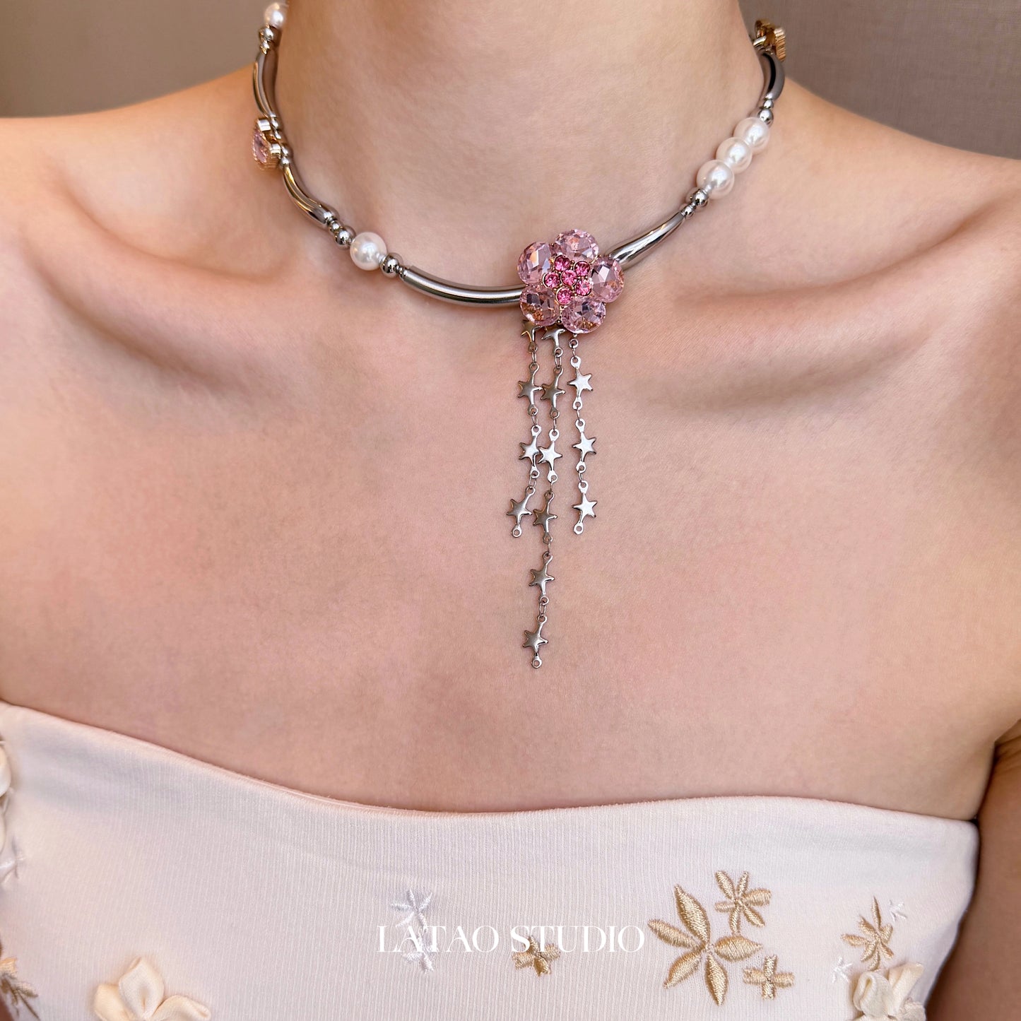 Barbie Jenny Pink Diamond Flower Pearl Tassel Titanium Steel Necklace