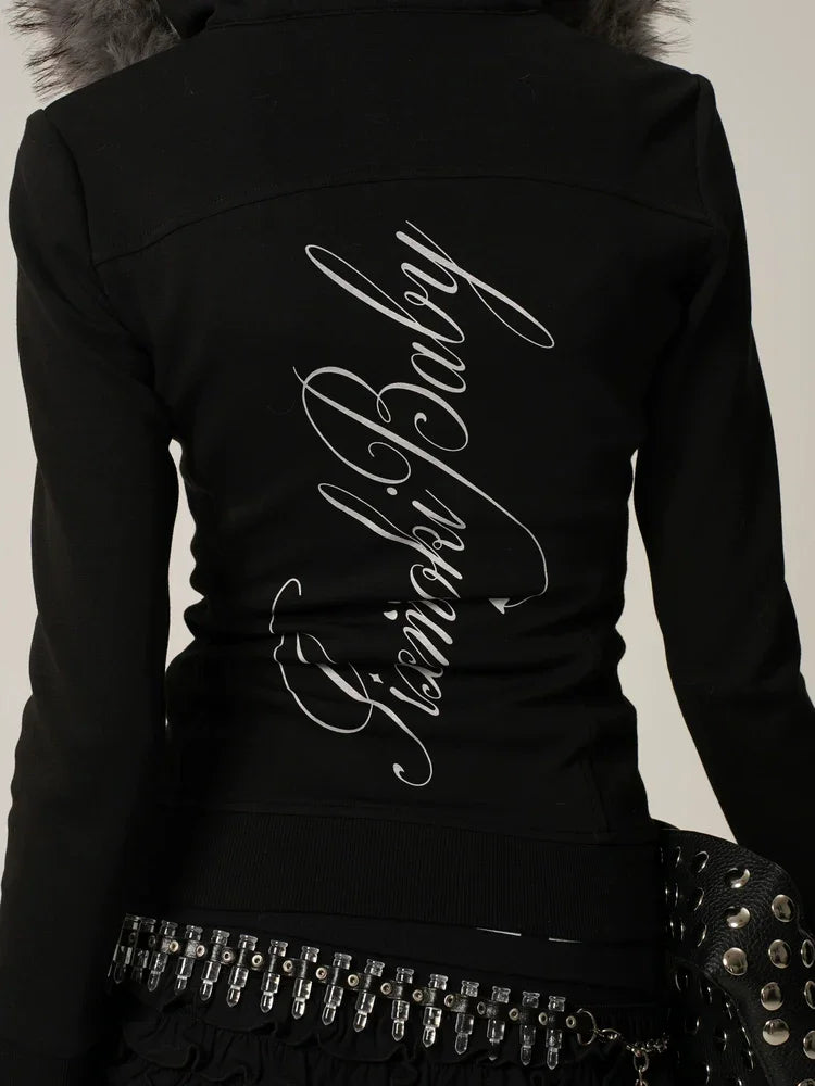 Black and white hoodie jacket with detachable fur collar