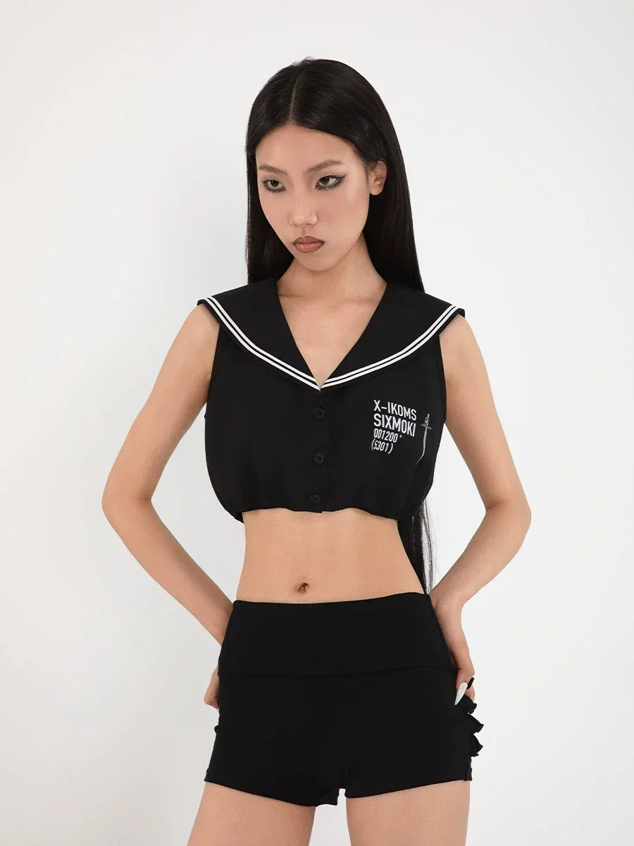 Flip up collar lace shorts