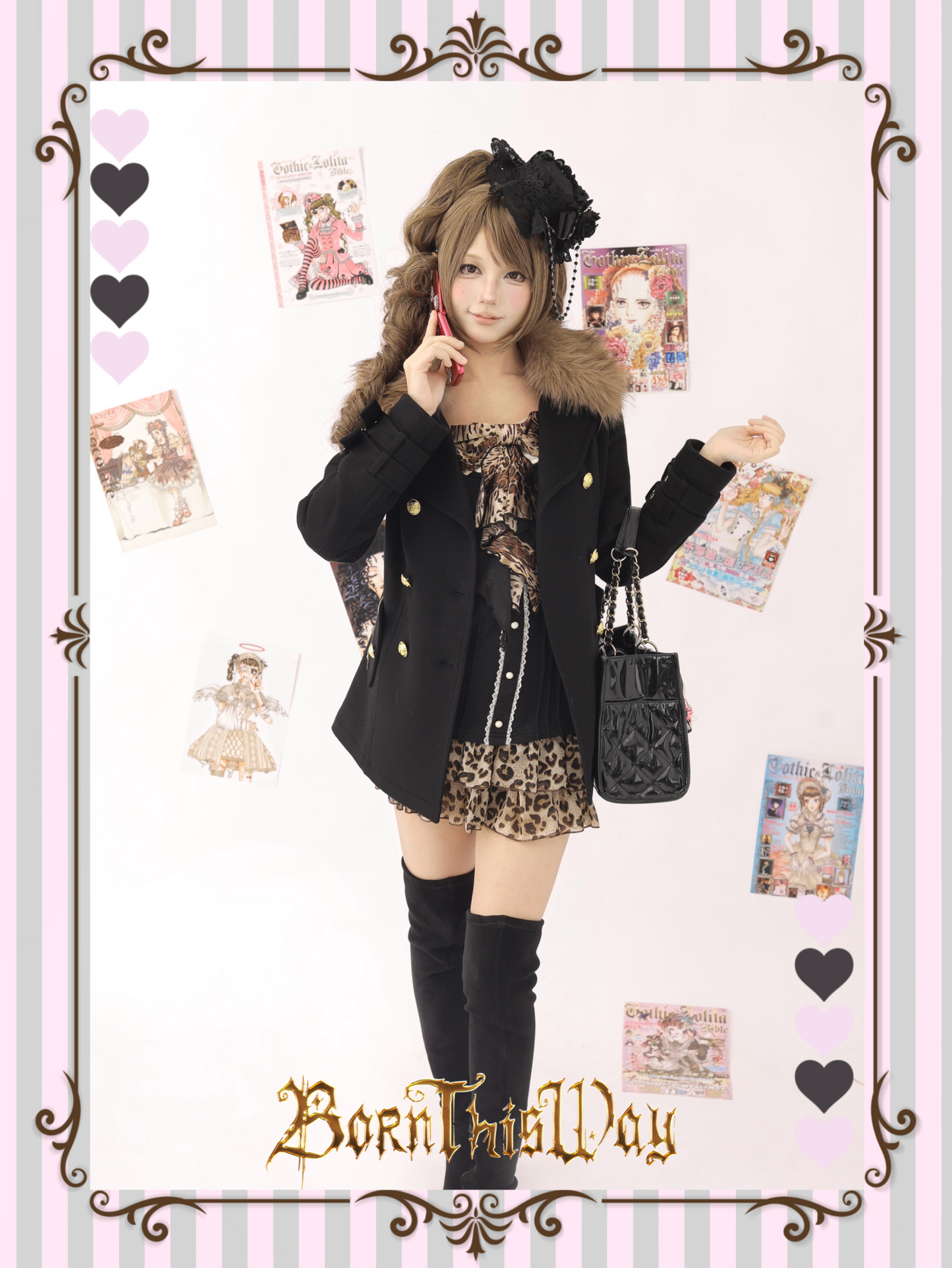 Double breasted woolen coat with fur collar