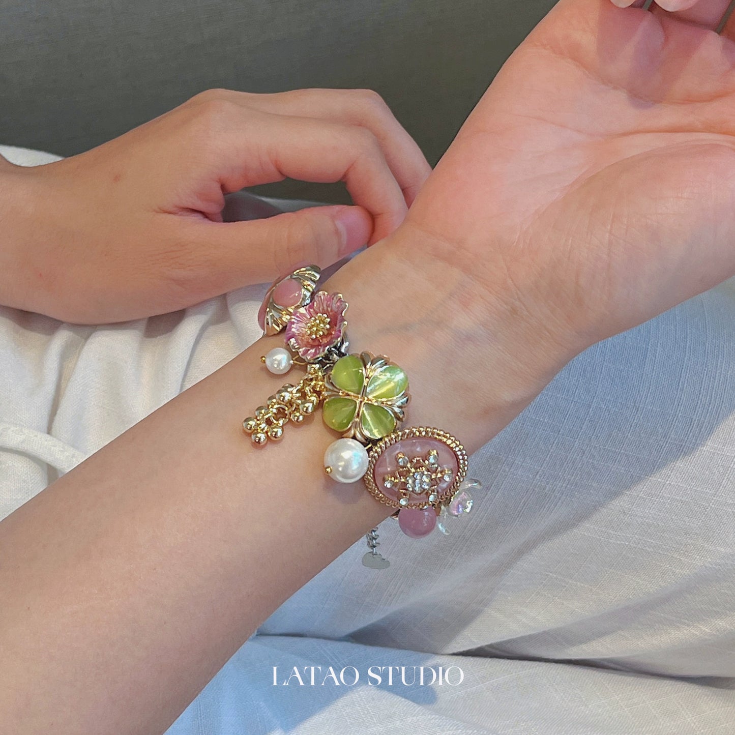 JUICY Pink Green Flower Pearl Titanium Steel Bracelet