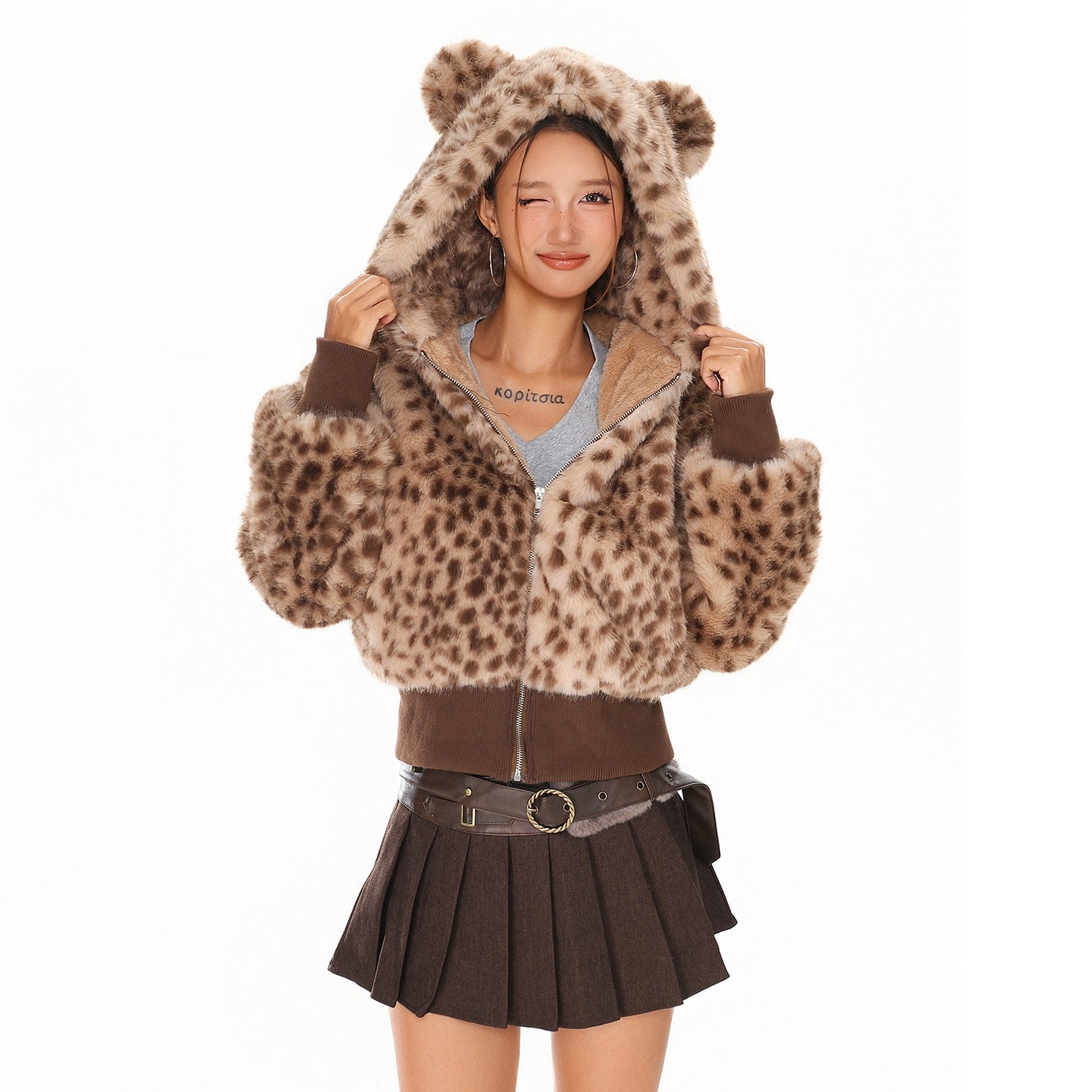 Retro leopard print bear ear cotton jacket