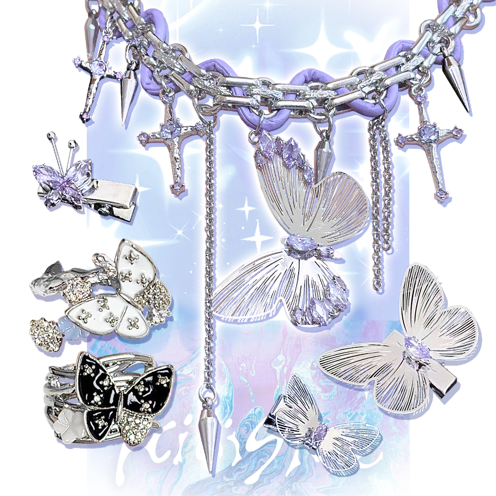 Exquisite Purple Diamond Hollow Cross Butterfly Necklace Ring