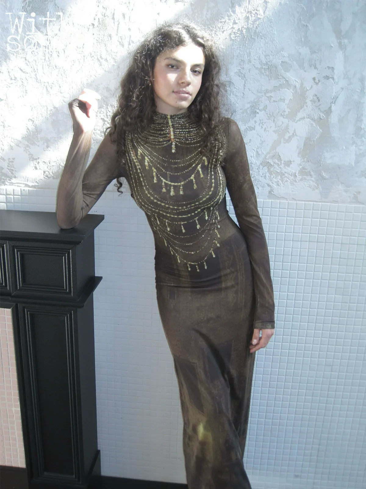 Golden brown necklace print dress