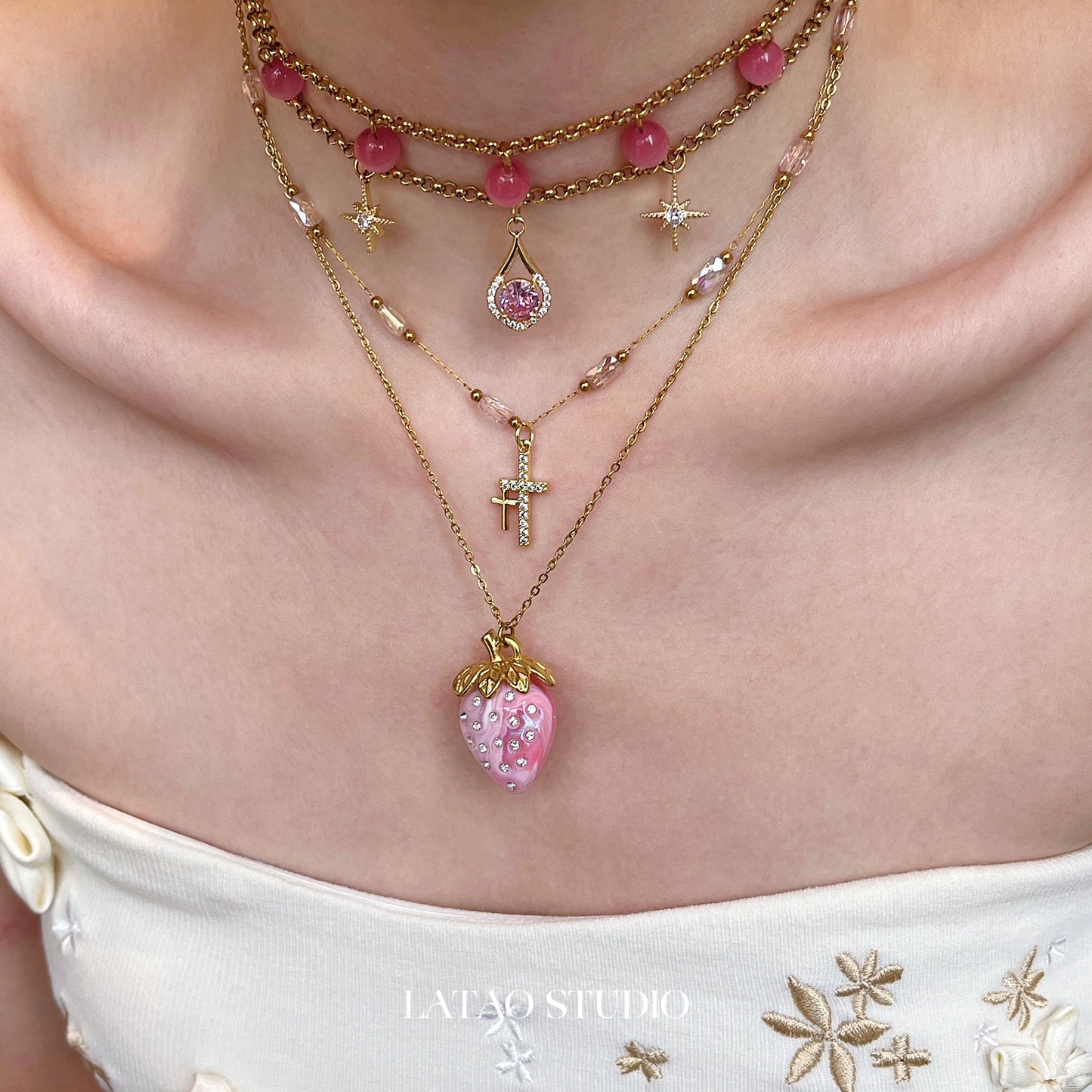 Pink Cat Eye Cross Strawberry Titanium Steel Necklace