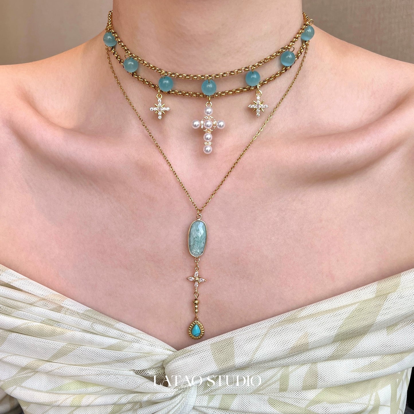 Blue Cat Eye Tianhe Stone Star Cross Titanium Steel Necklace Choker