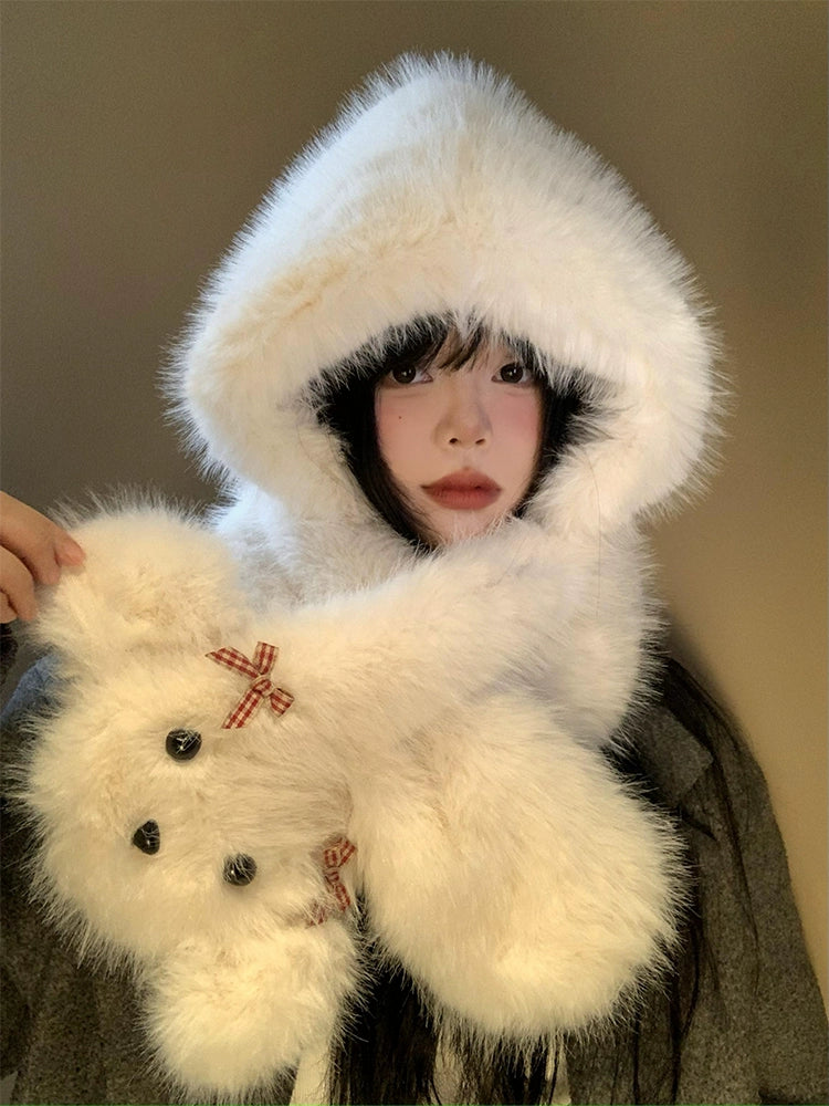 Cute bow dog plush hat scarf in one