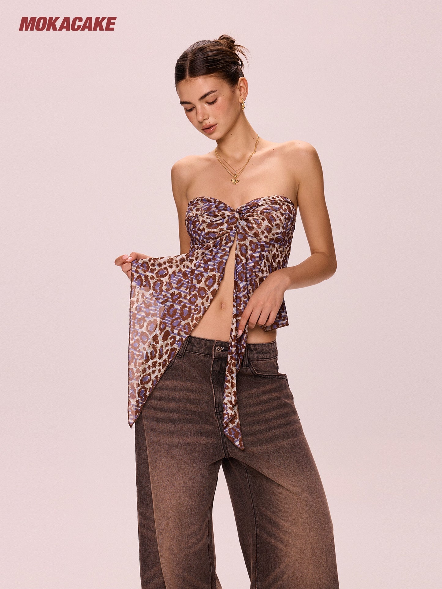 Leopard print irregular strapless