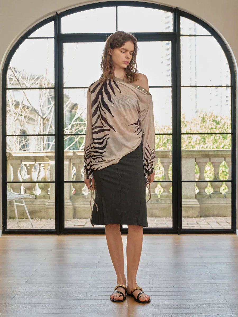Zebra pattern slanted shoulder top