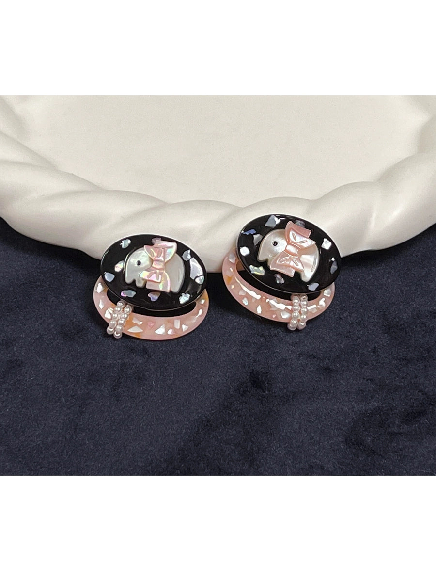 ~* Jade powder box elephant *~Dragon Palace Zoo elephant shaped sparkling shell pearl earrings